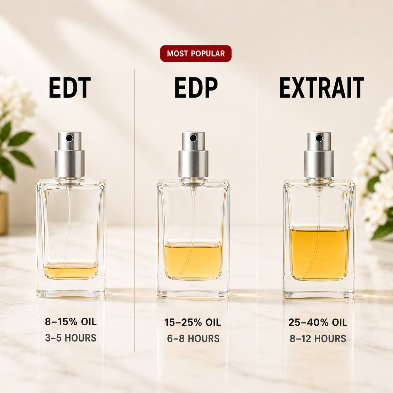 EDT vs EDP vs Extrait concentration and longevity comparison chart